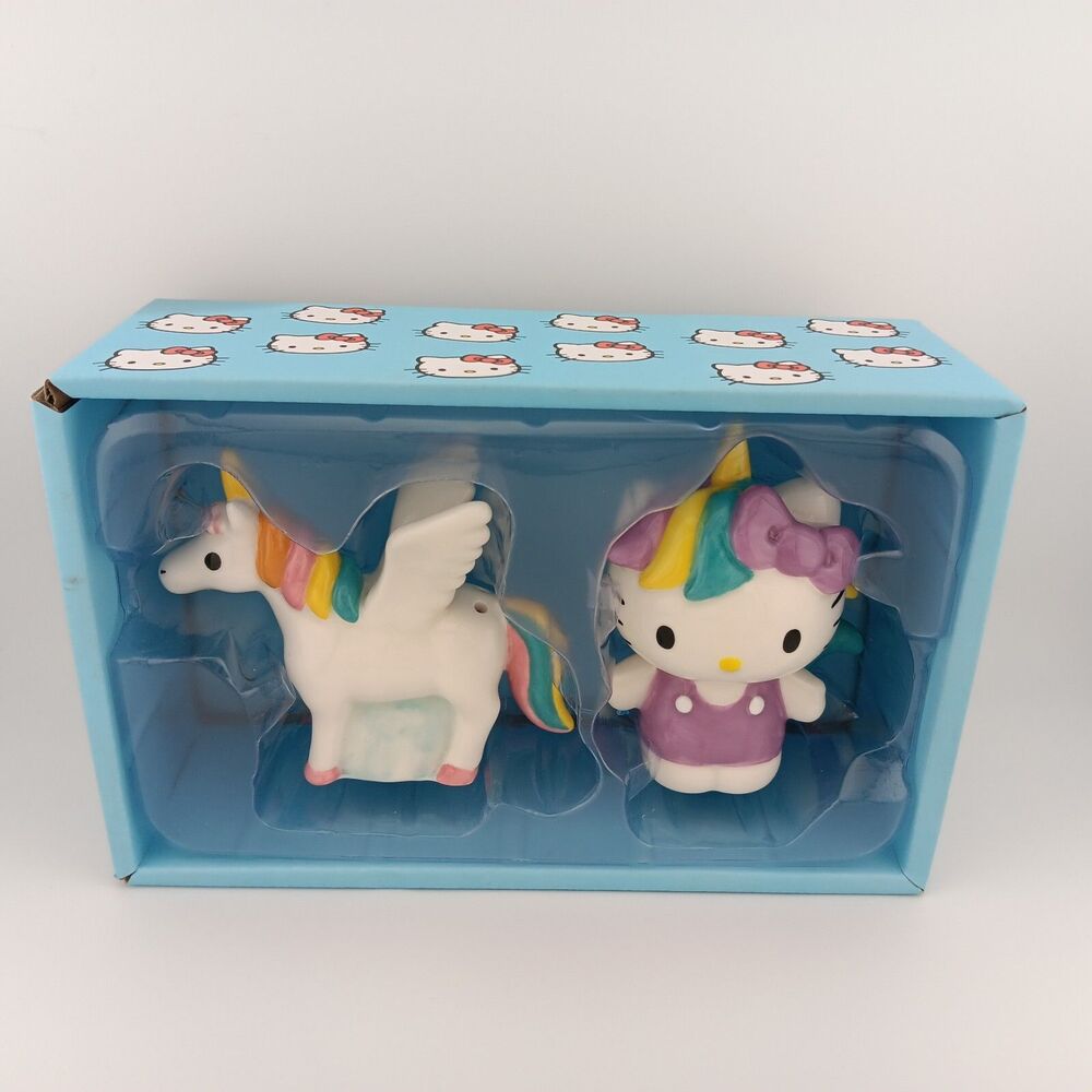 Sanrio Hello Kitty Blue Sky Salt & Pepper Set Rainbow Unicorn Hand Painted